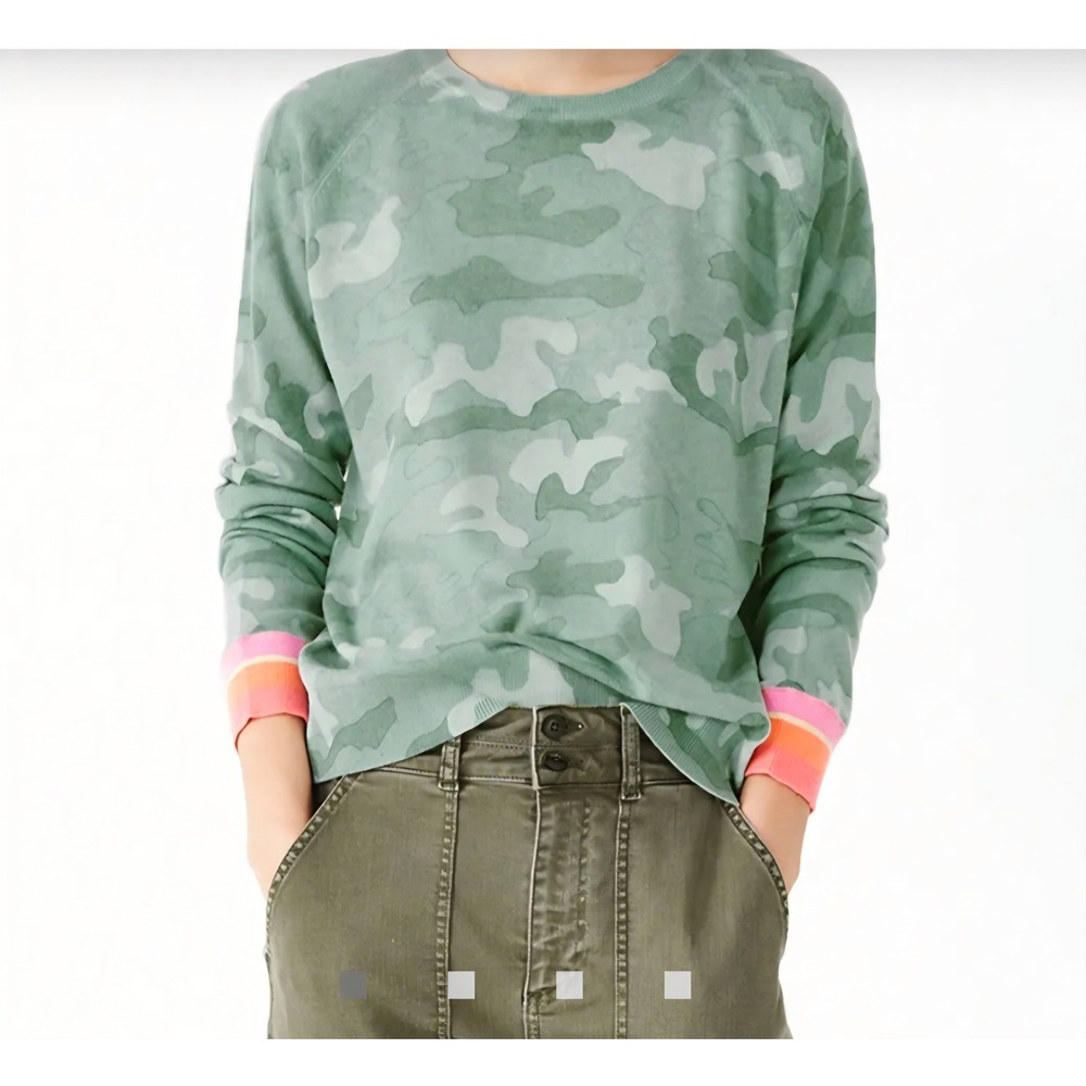 Hush Green Pipa Wool Blend Knit Sweater Camo Printed Striped Cuffs Medium